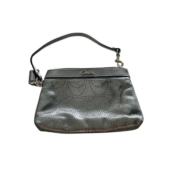 Coach Perforated Signature C Silver Metallic Glam Wristlet w Teal Satin Lining - Picture 1 of 5
